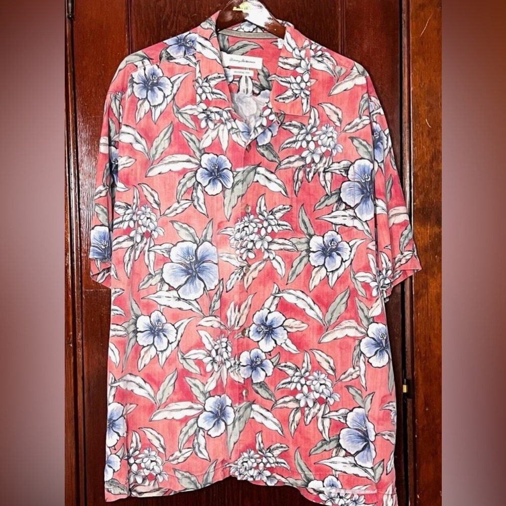 TOMMY BAHAMA PINK RED FLORAL SILK CAMP SHIRT XXXL ORIGINAL FIT
